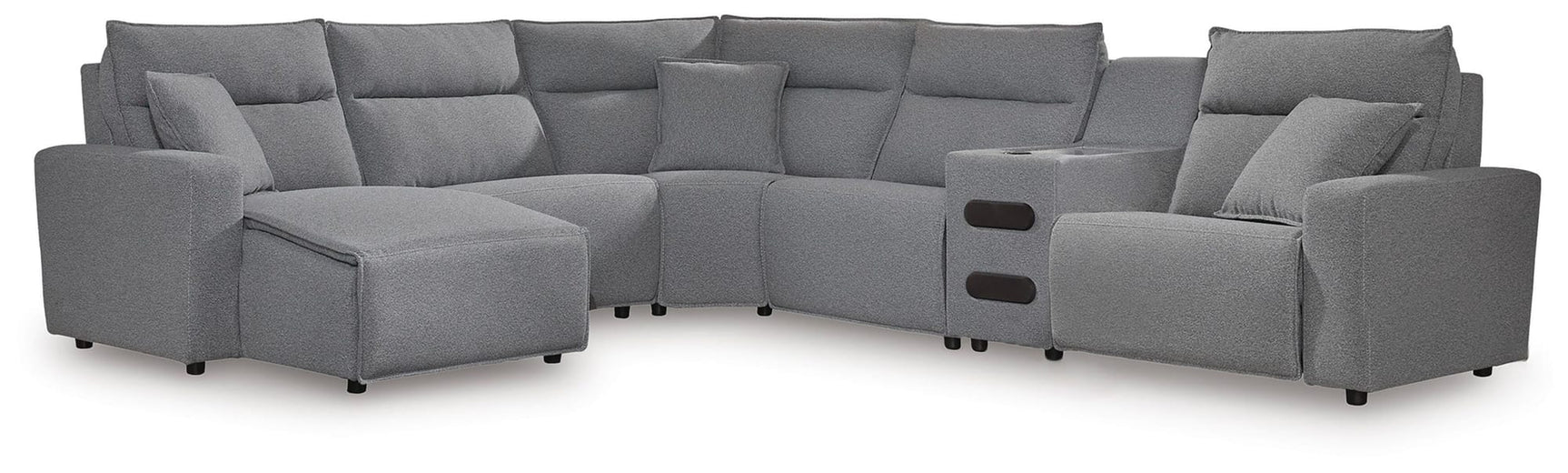 Modmax II Salt and Pepper Next-Gen Nuvella™ 6-Piece Reclining Sectional with Chaise and Audio Console from Decor Furniture