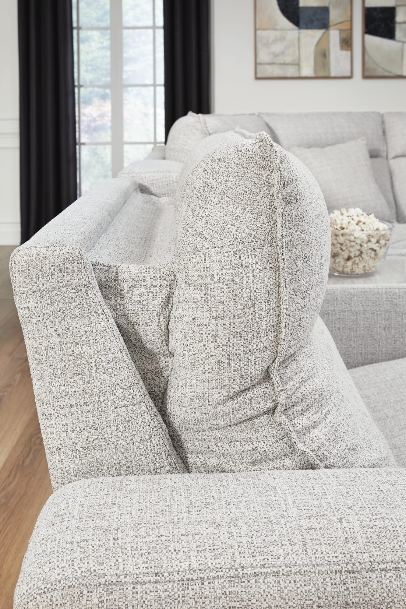 Modmax II Stone 7-Piece Power Reclining Sectional with Chaise and Audio Console detail view