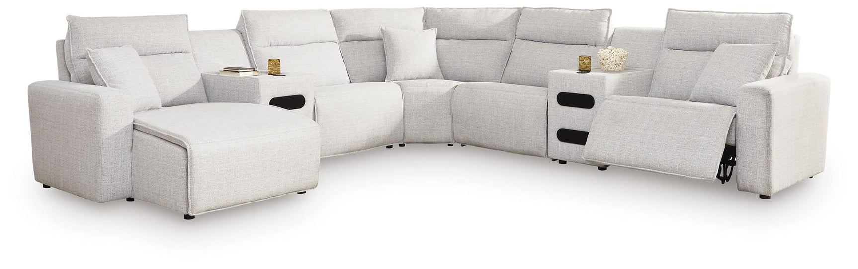 Modmax II Stone 7-Piece Power Reclining Sectional with Chaise and Audio Consoles from Decor Furniture