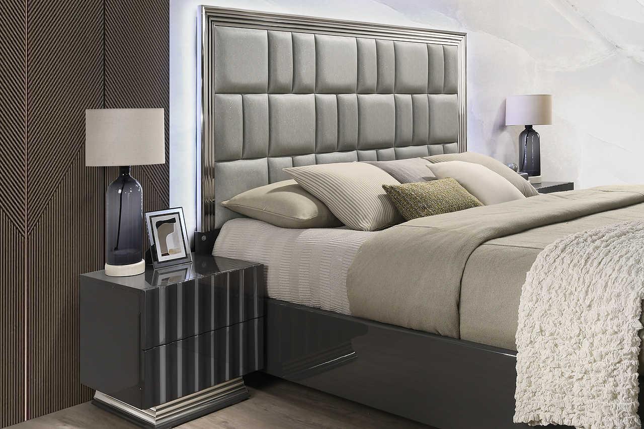 Side view of Mona Gray Upholstered LED Panel Bedroom Set bed