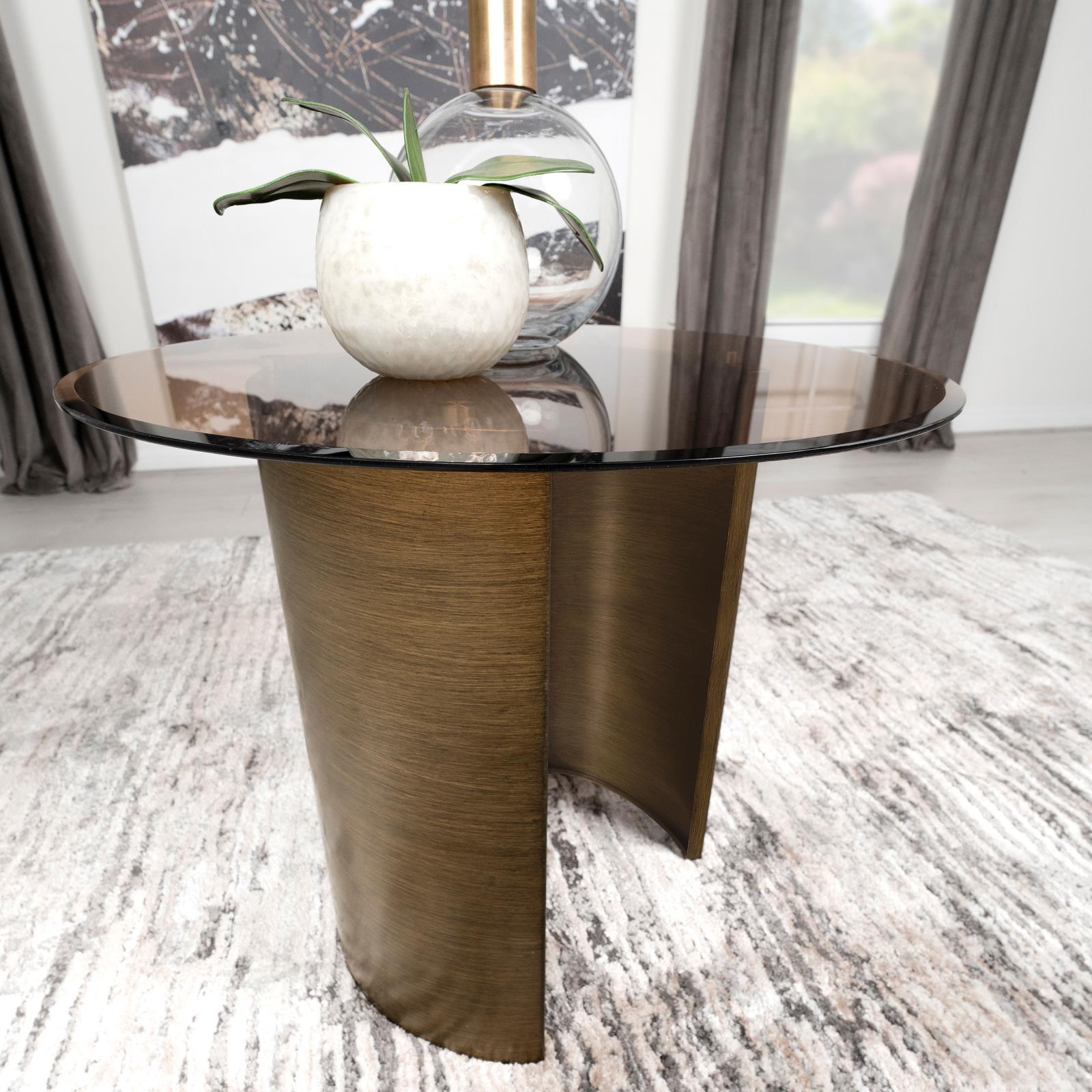 Morena round end table with tawny tempered glass top and brushed bronze metal base