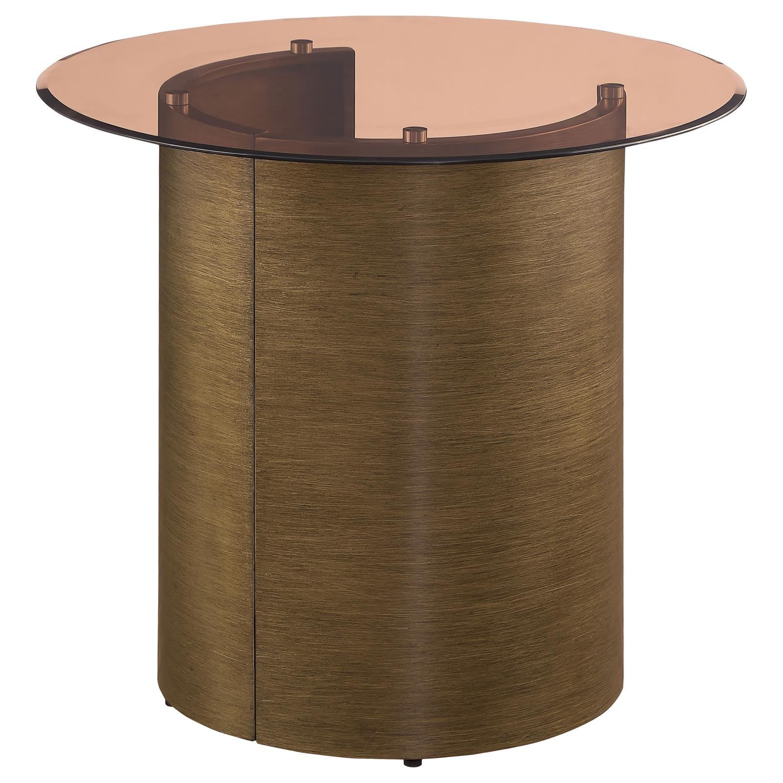 Morena round end table with tawny tempered glass top and brushed bronze metal base