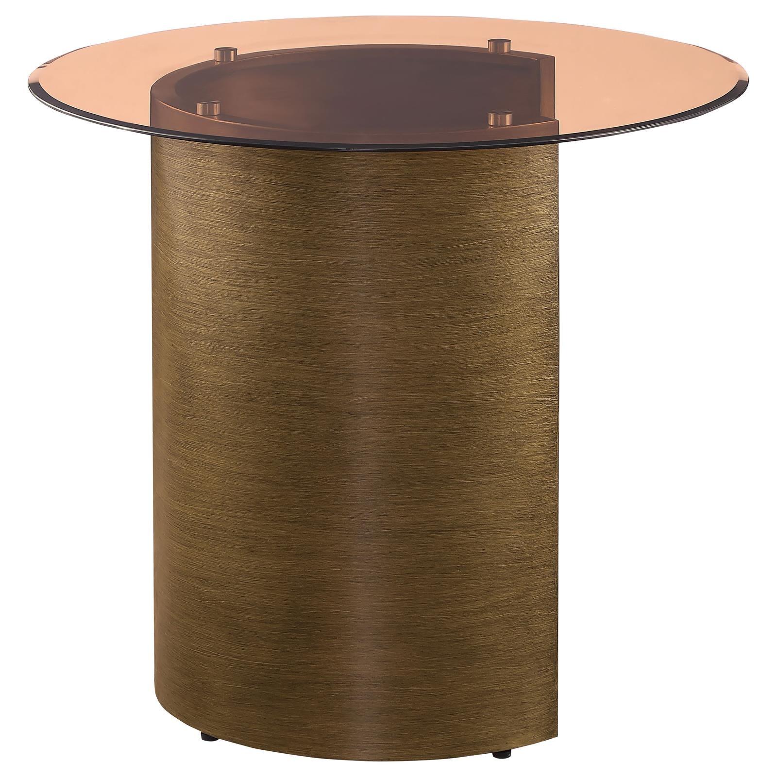 Morena round end table with tawny tempered glass top and brushed bronze metal base