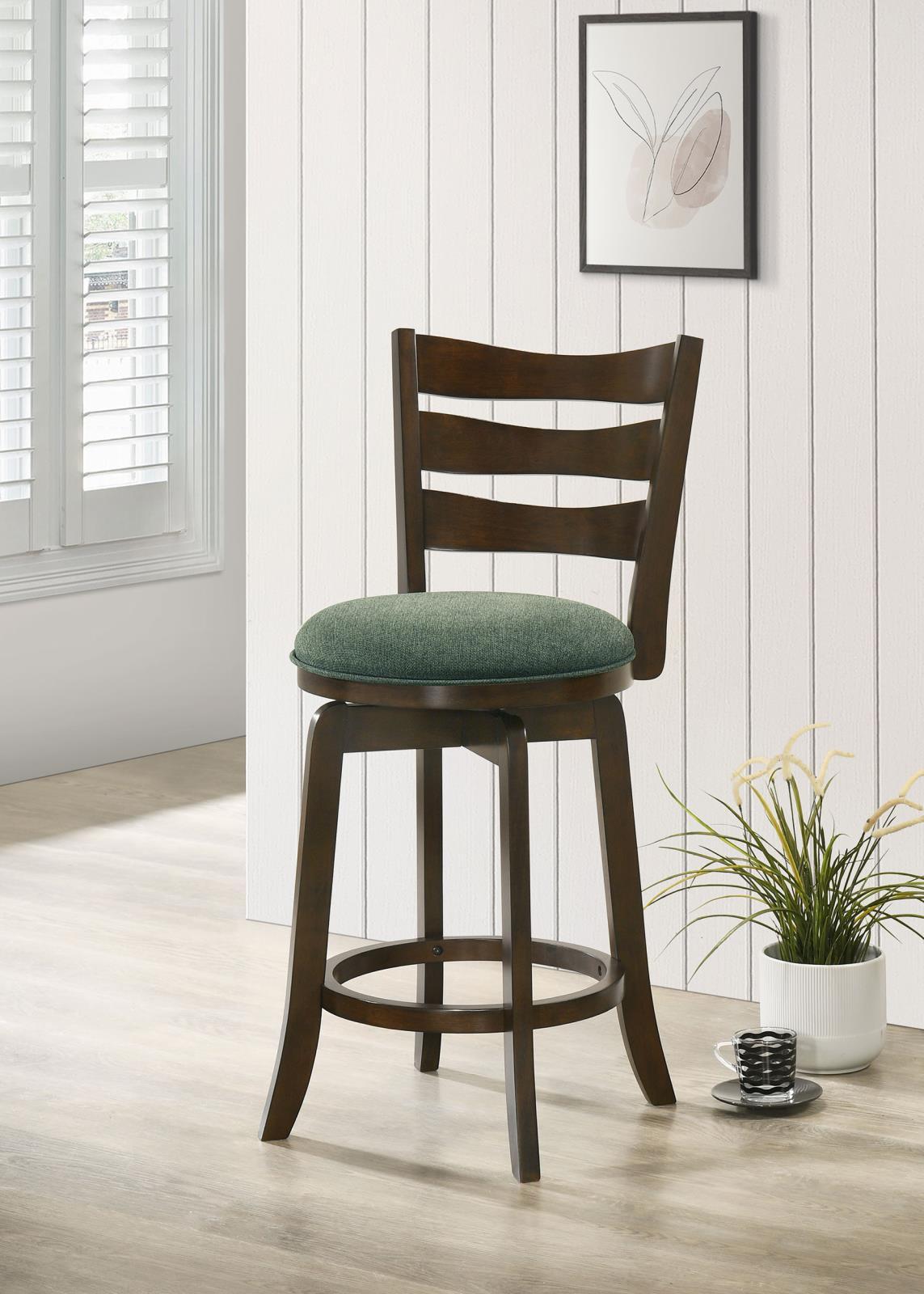 Close-up of upholstered hunter green foam seat on Murphy bar stool