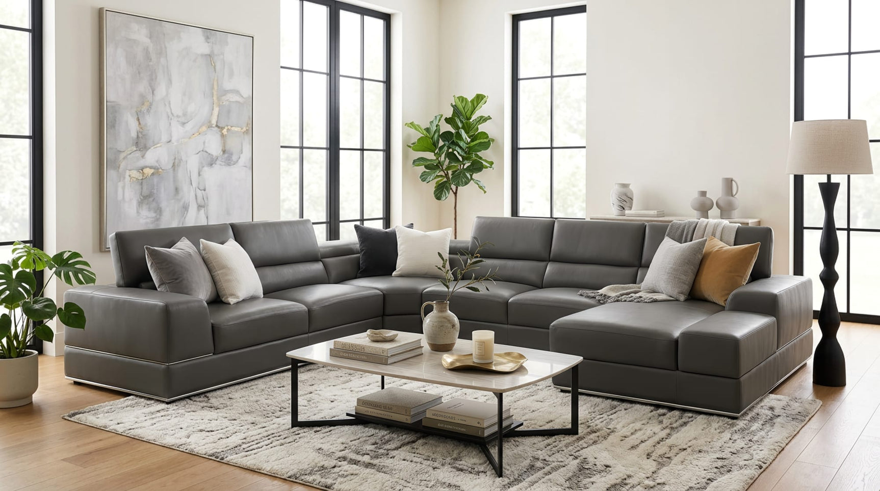 Nella Dark Grey U-Shaped Italian Leather Match Sectional Sofa 4-Piece Set from Decor Furniture