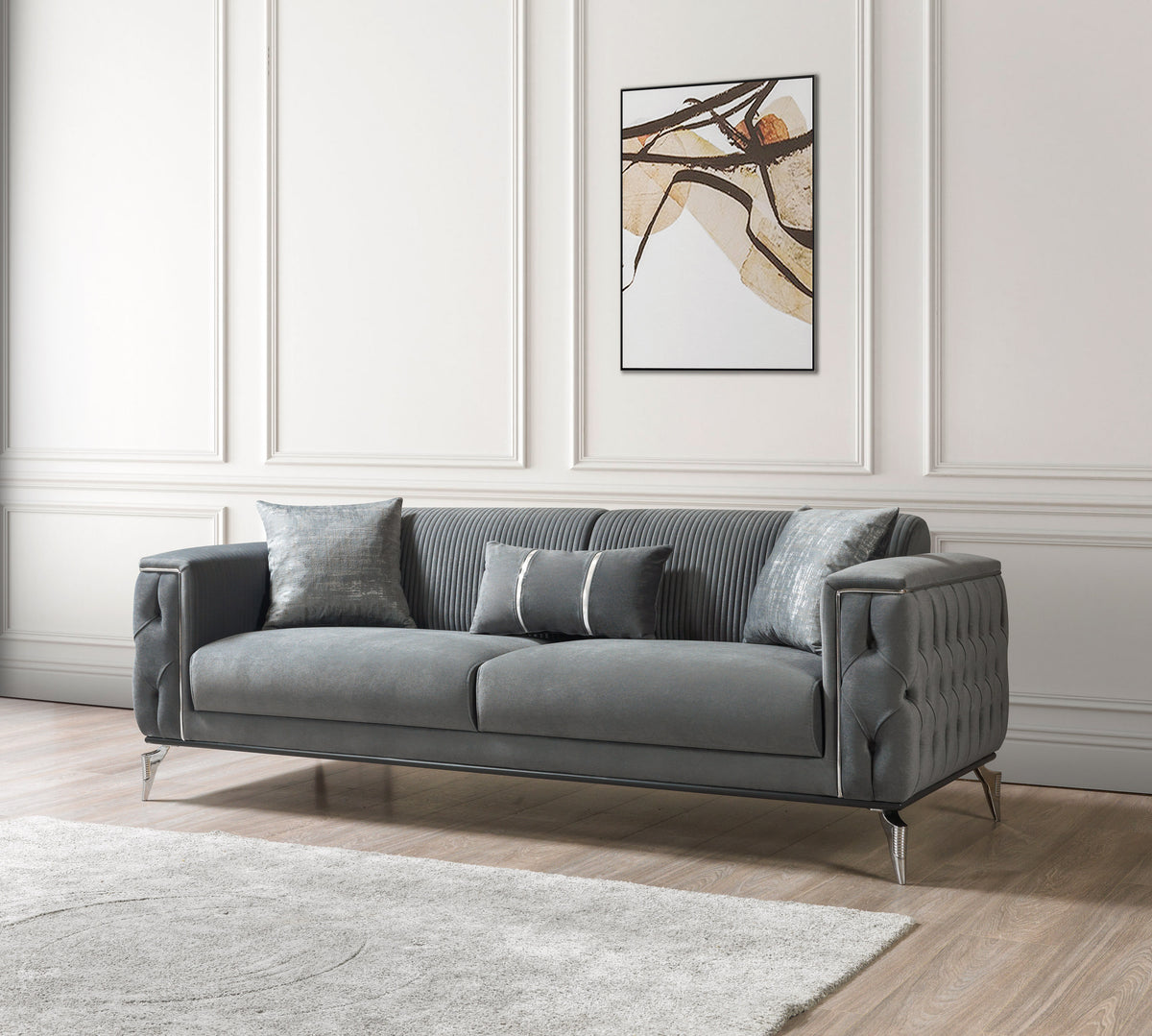 Modern gray velvet sofa and loveseat