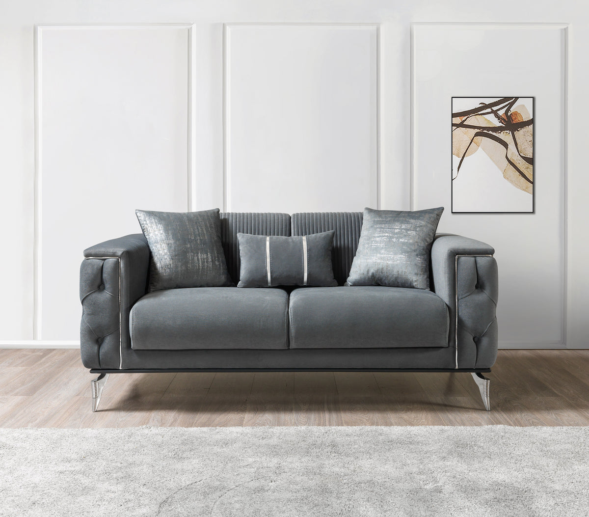 Vivian gray velvet loveseat side view