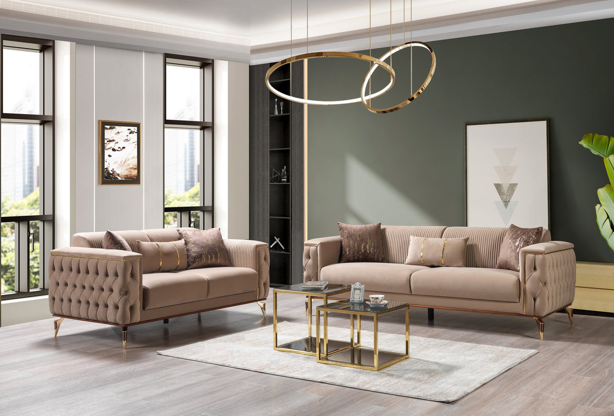 Side view of Vivian Coffee Velvet Sofa and Loveseat