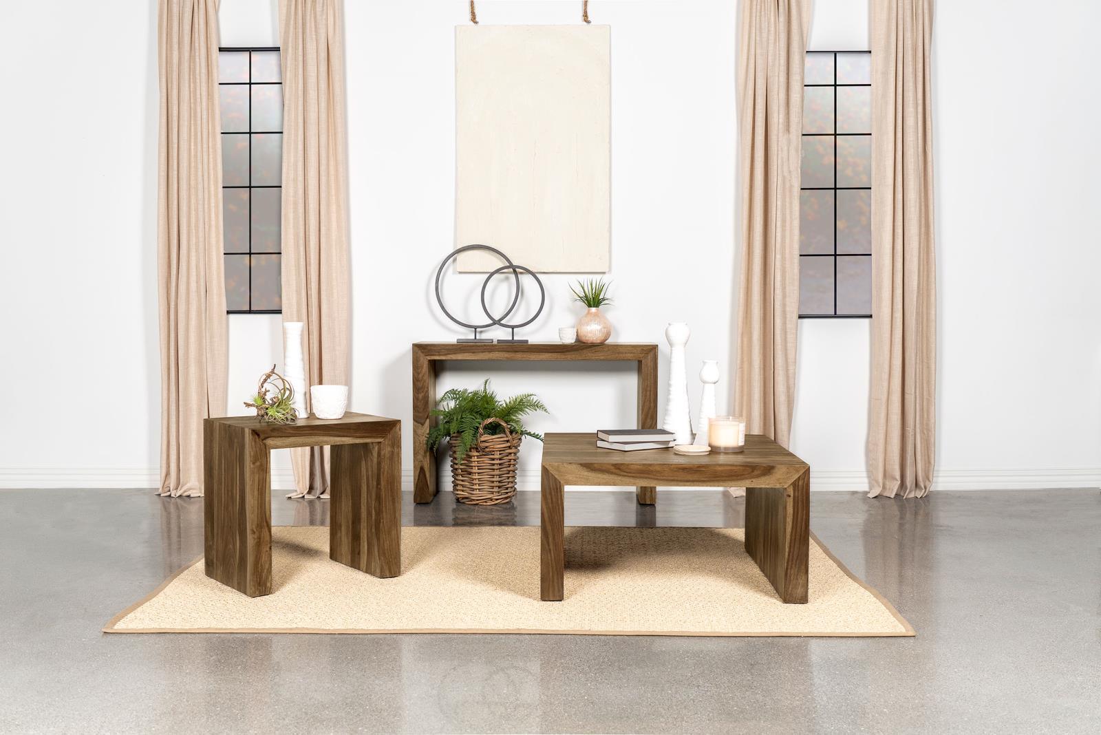 Odilia rectangular solid wood end table styled with lamp and decor
