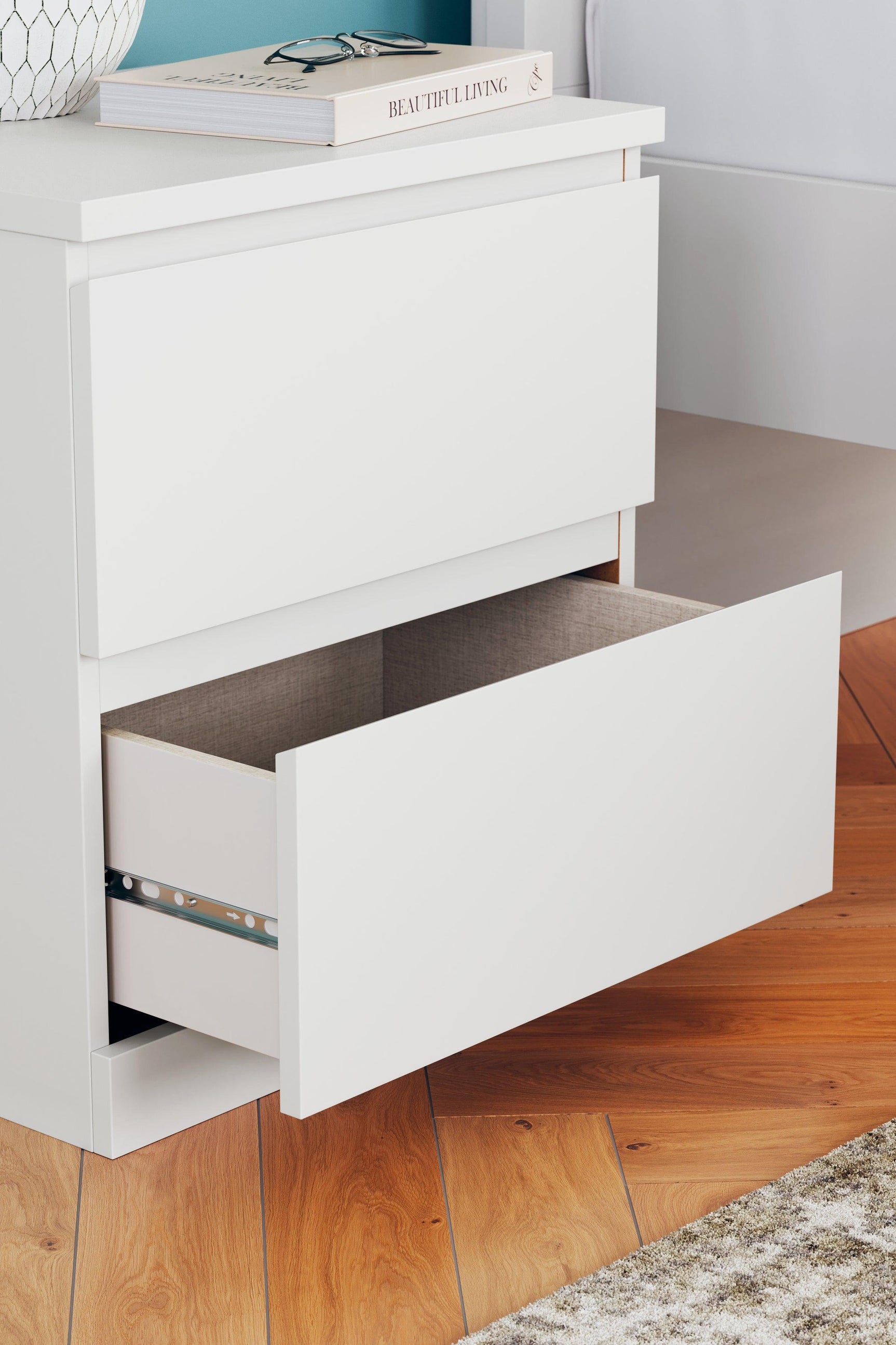Onita White Nightstand full assembled view in room setting