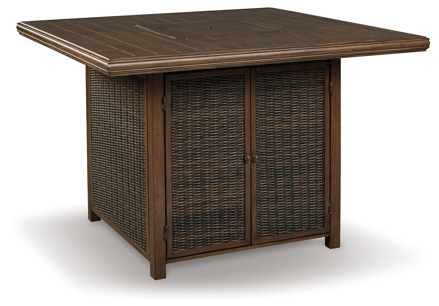 Paradise Medium Brown Outdoor Bar Table with Fire Pit and 8 Barstools