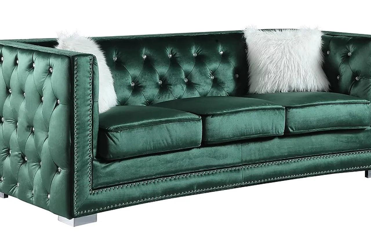 Close-up detail of Paris II green velvet tufted sofa upholstery