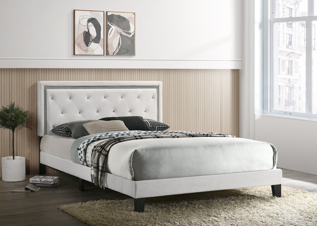 Side view of Passion bed with black velvet upholstery and tufted headboard