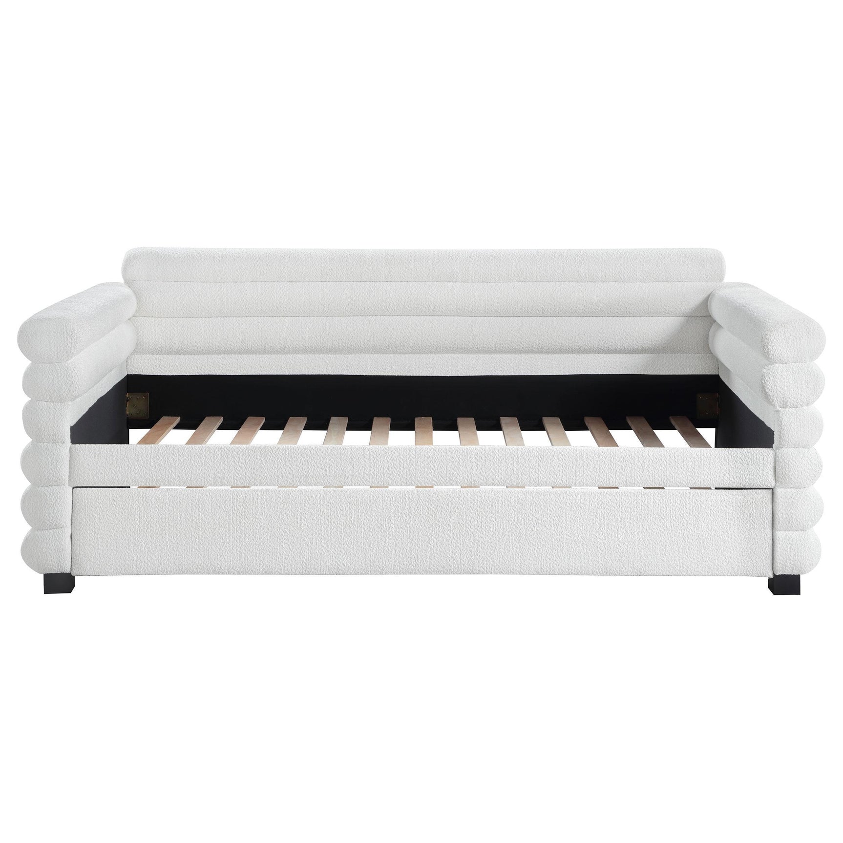 Close-up of white boucle upholstery on Patricia twin daybed