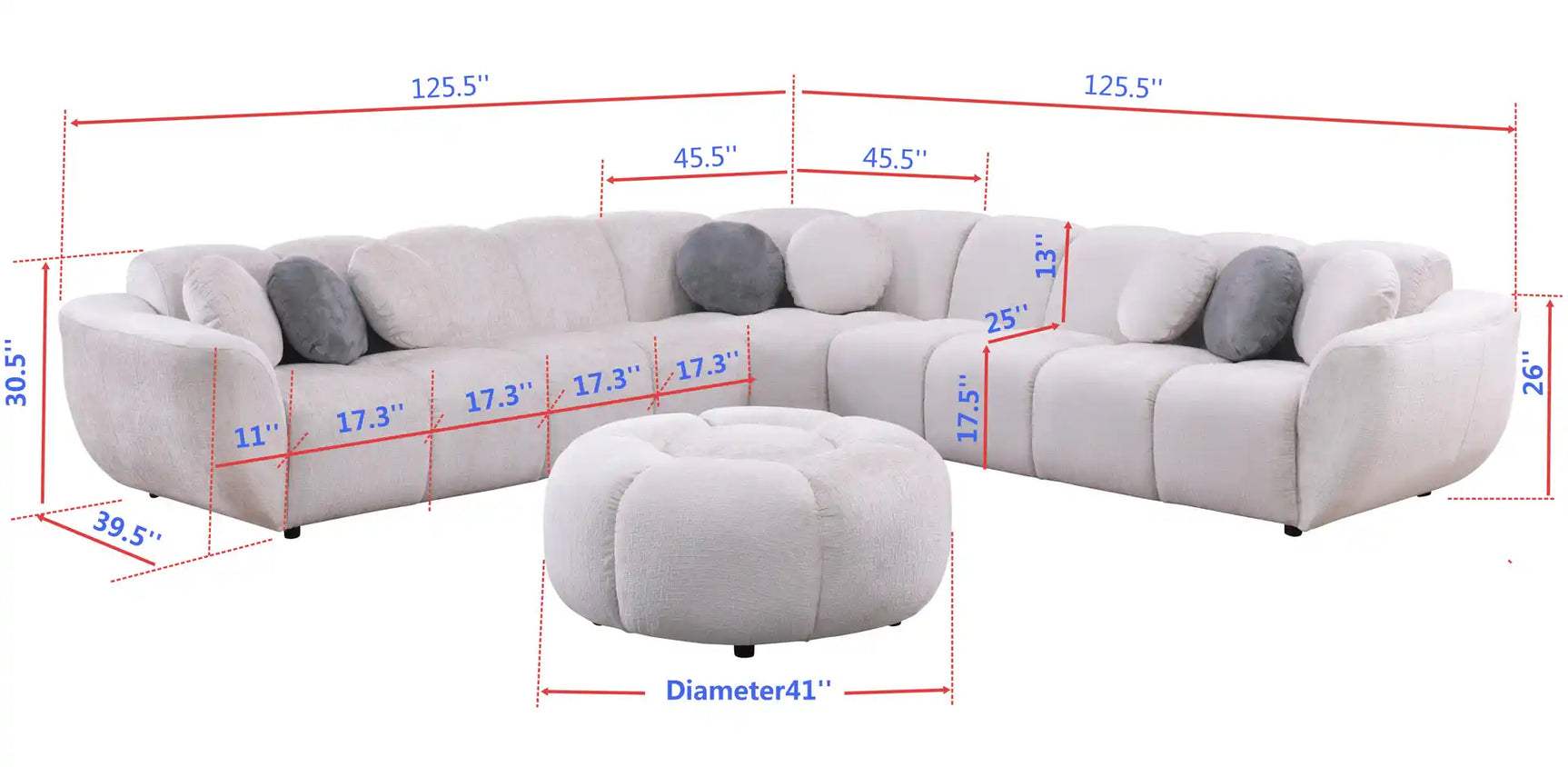 Rose Black Fabric 3-Piece Sectional Sofa with Ottoman and Pillows view 3