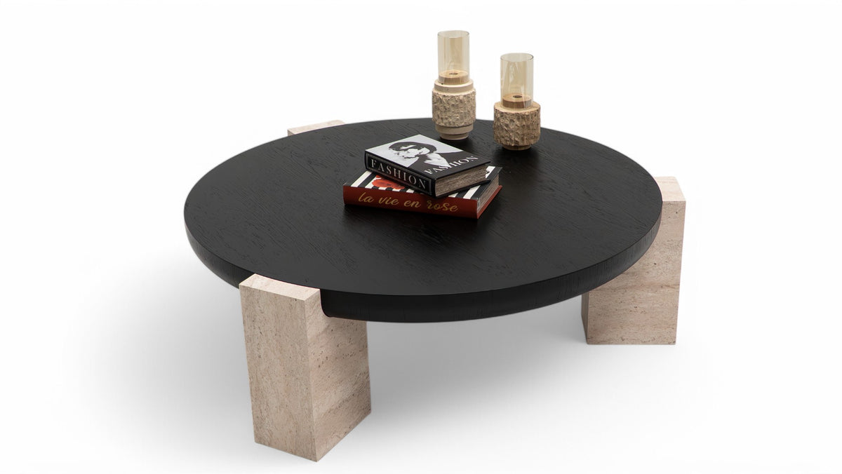 Jinna end table top detail with travertine surface