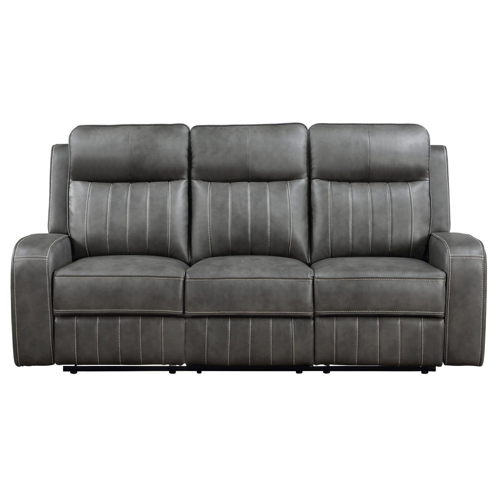 Close-up of grey leatherette upholstery with topstitching
