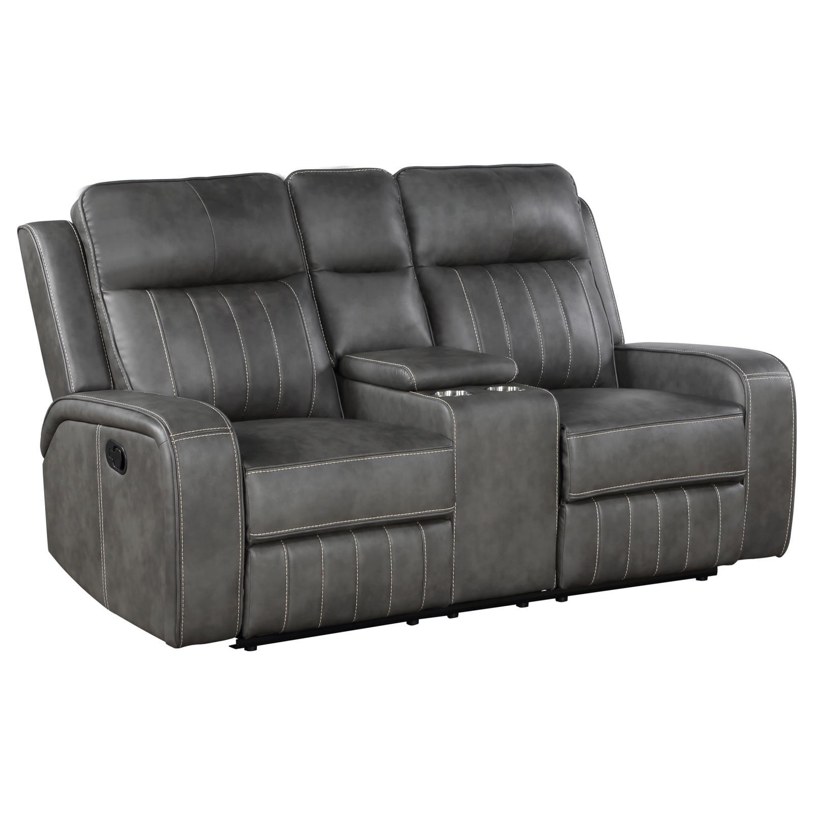 Raelynn grey upholstered motion reclining loveseat front view