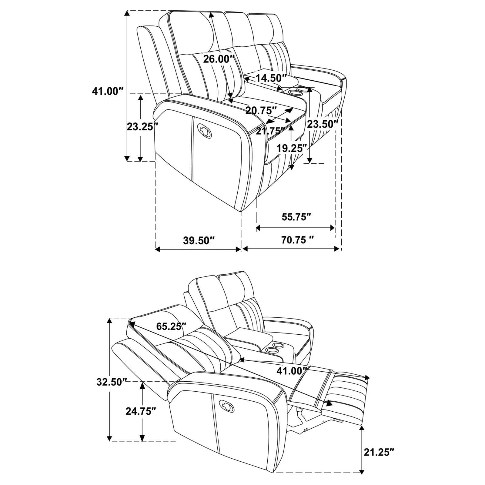 Front angle showing loveseat armrest and console