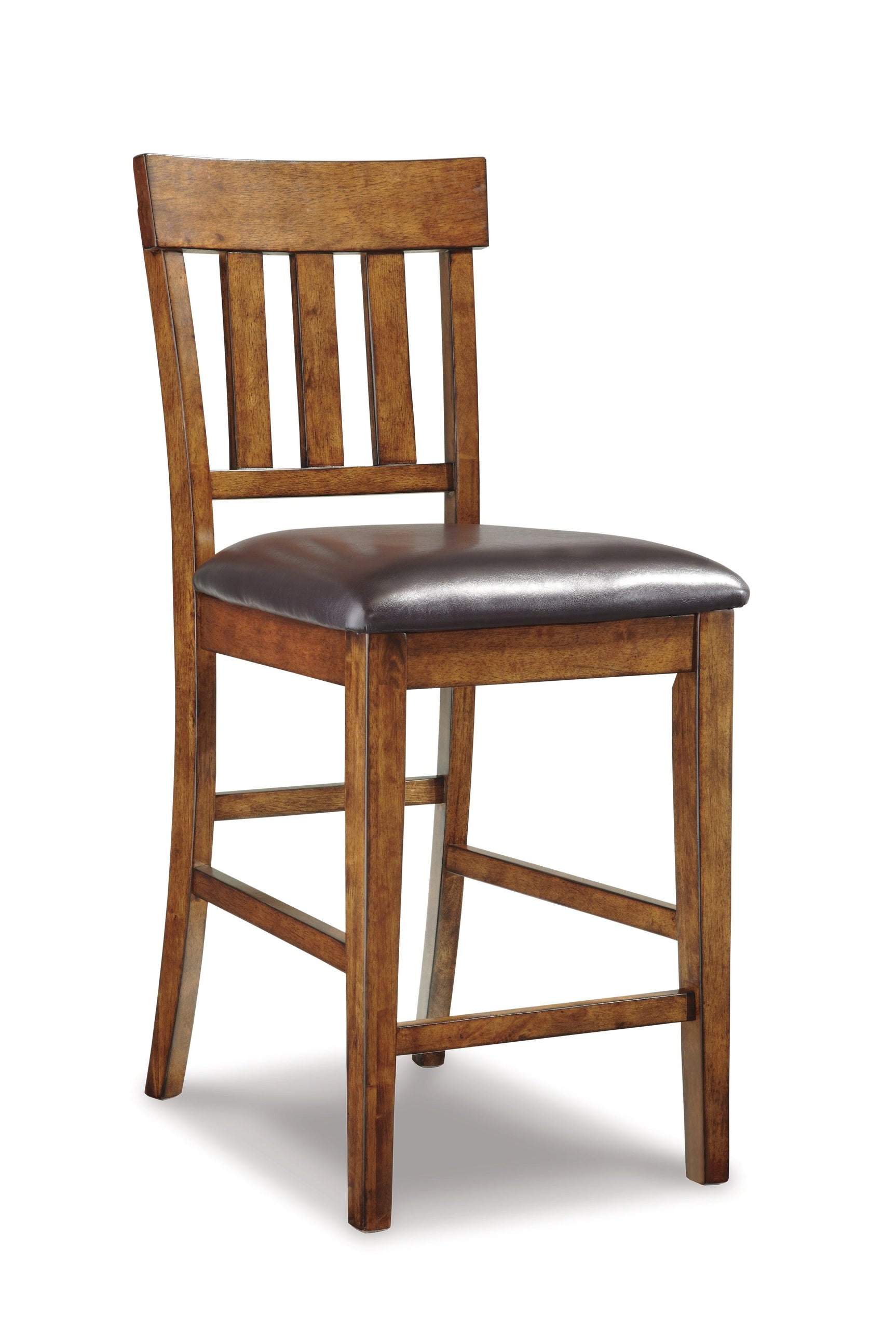 Side angle of Ralene Medium Brown bar stool showing cushion and wood finish