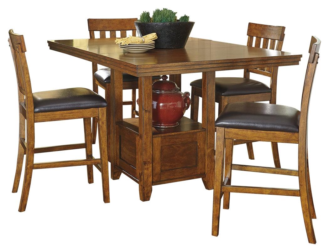 Side angle of Ralene medium brown dining table with four barstools