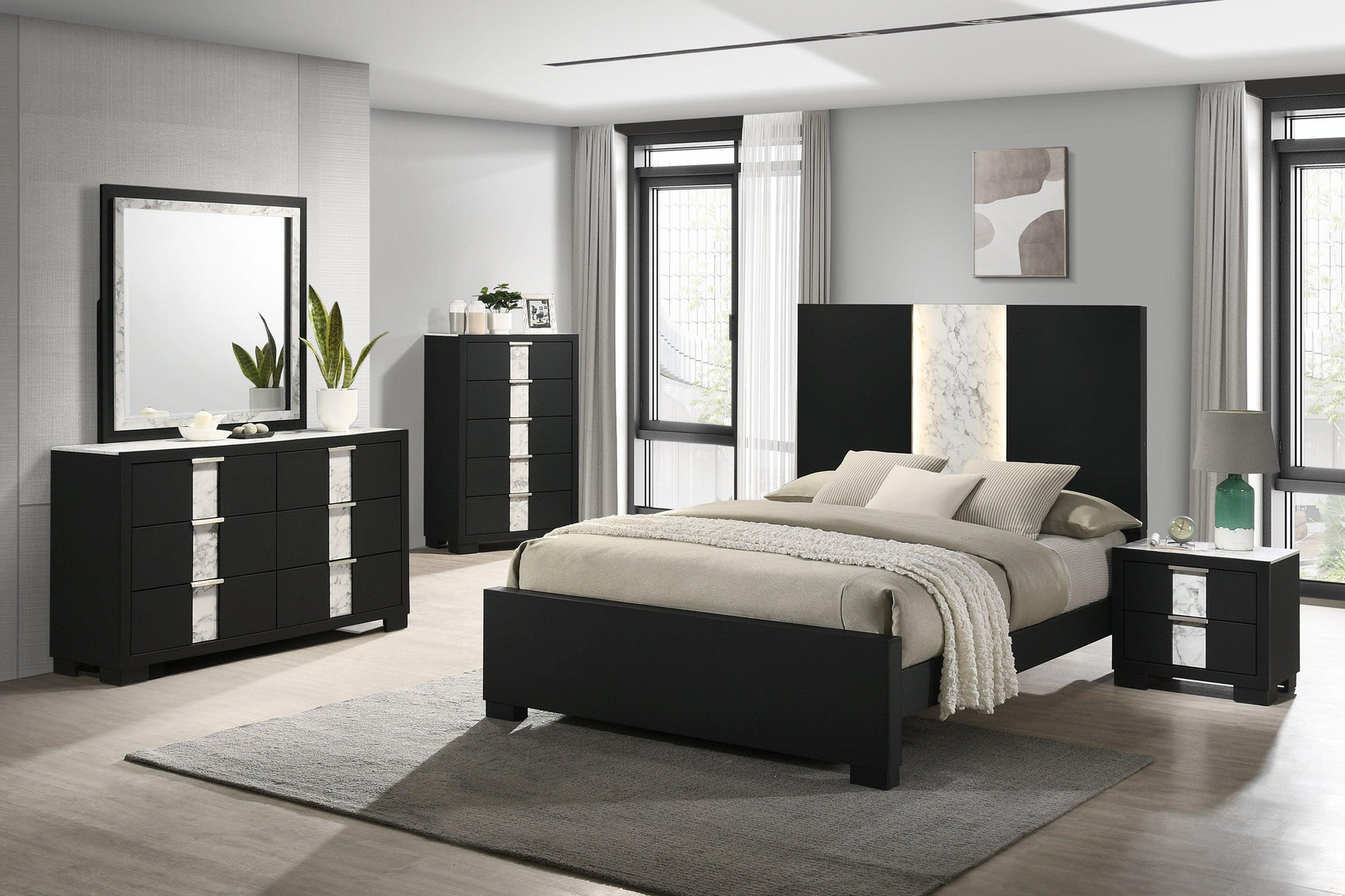 Rangley Black Modern Contemporary Solid Wood Marble 5-Drawers Chest - Ella Furniture