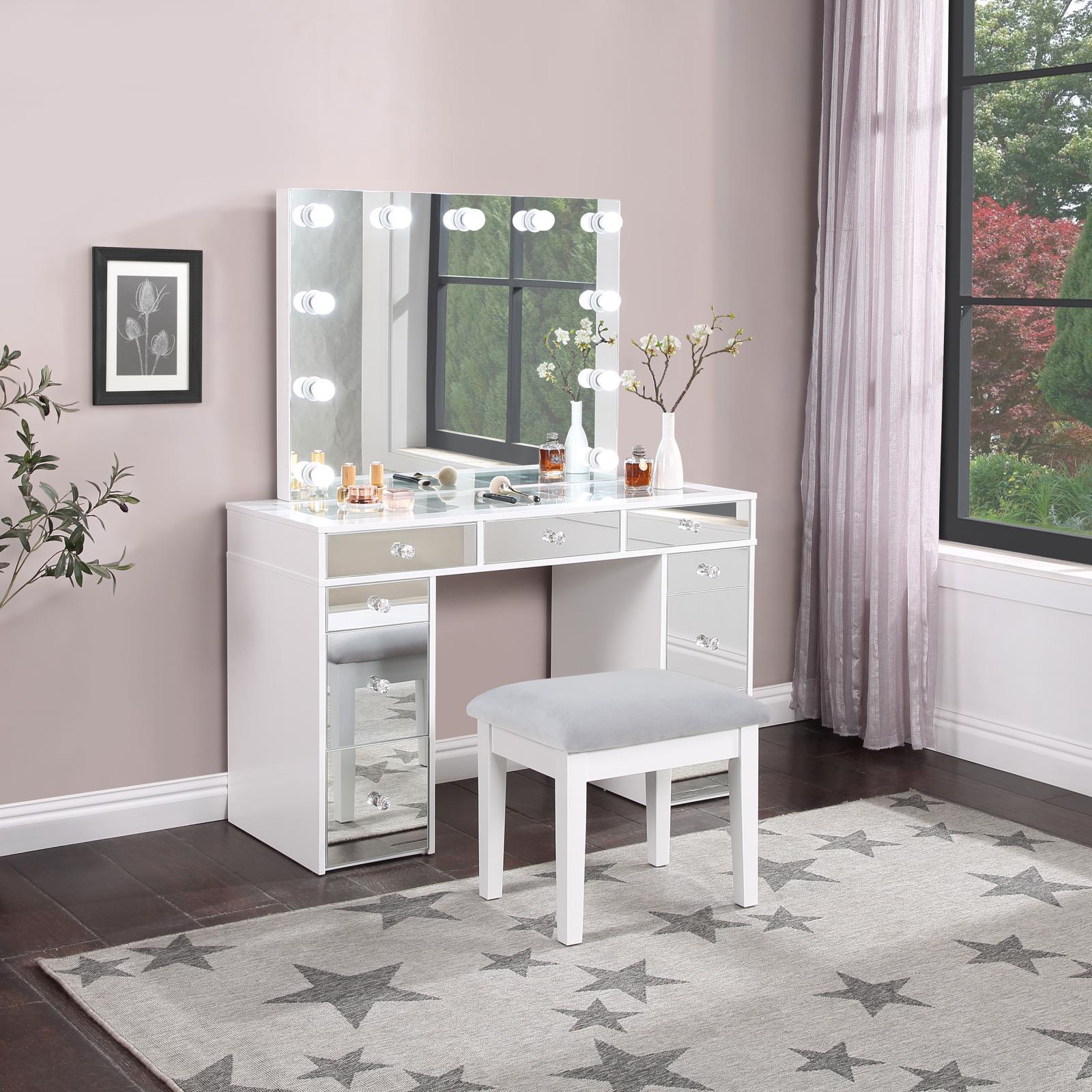 Vanity drawers with crystal knobs and felt-lined top drawer