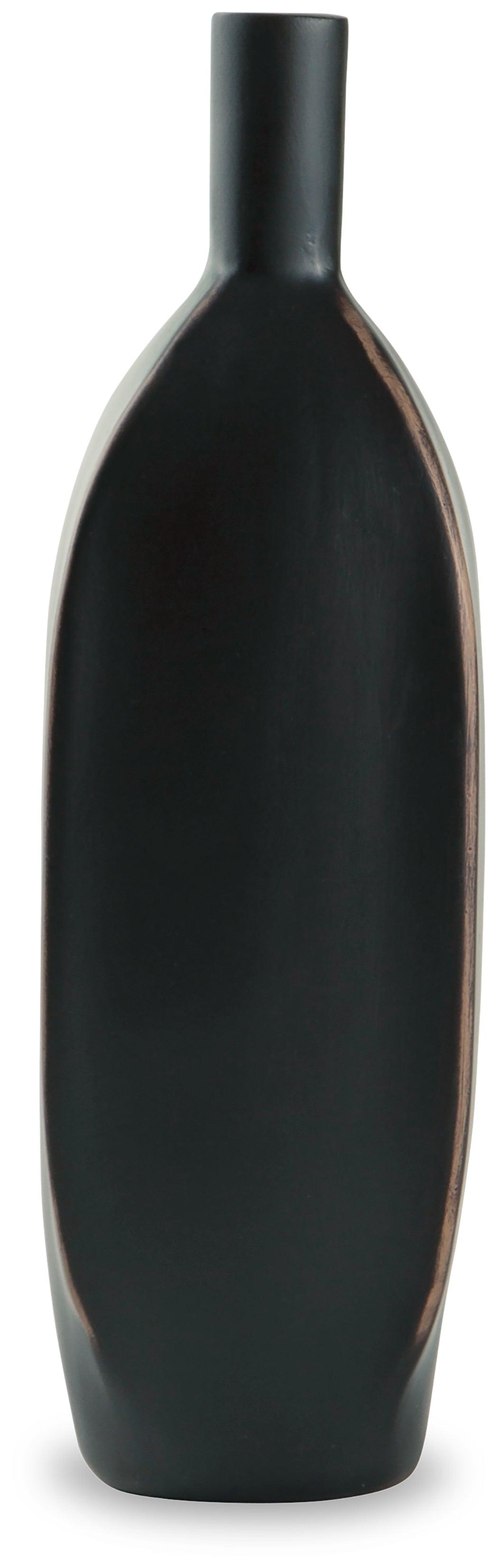 Side view of Rhaveney Black Vase set of 3 showing brown rub corner accents