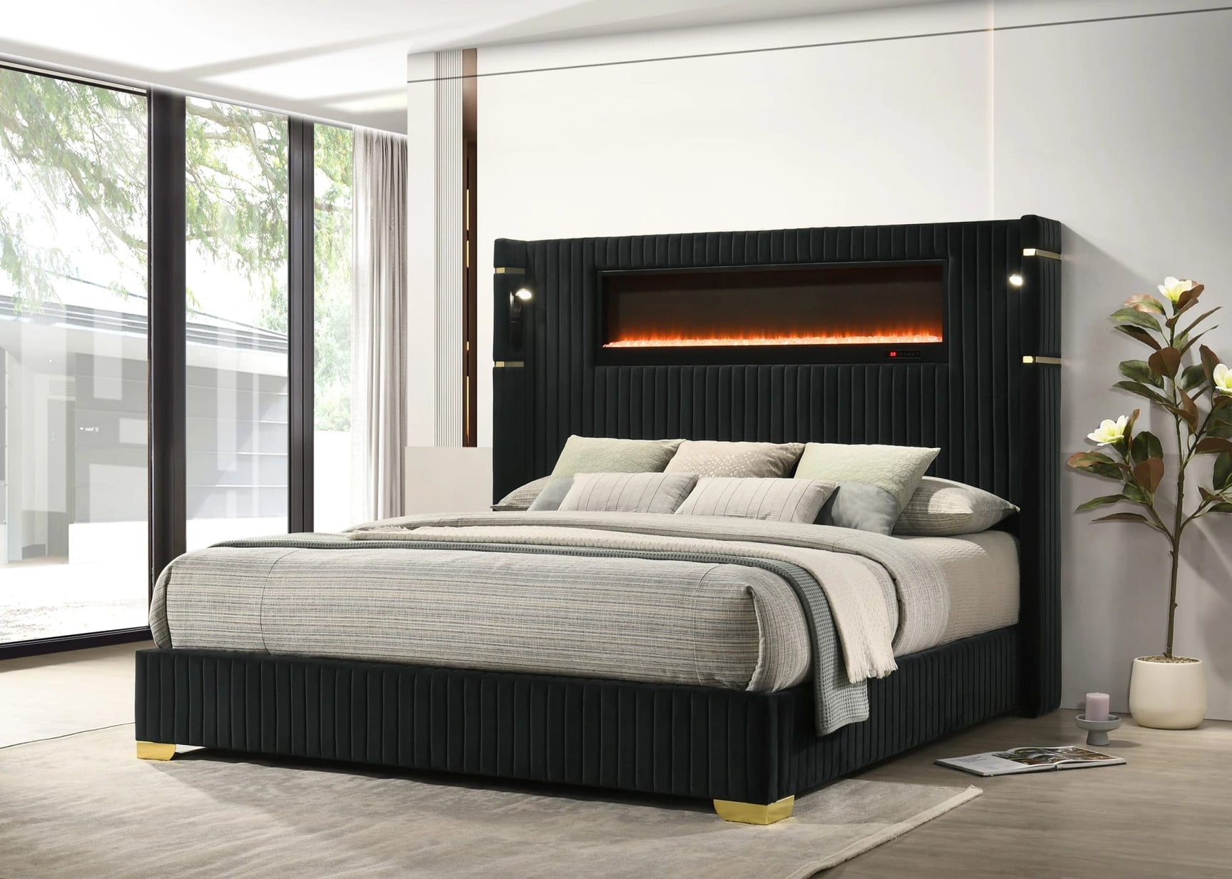 Romance Black Upholstered LED Platform King Bed view 2