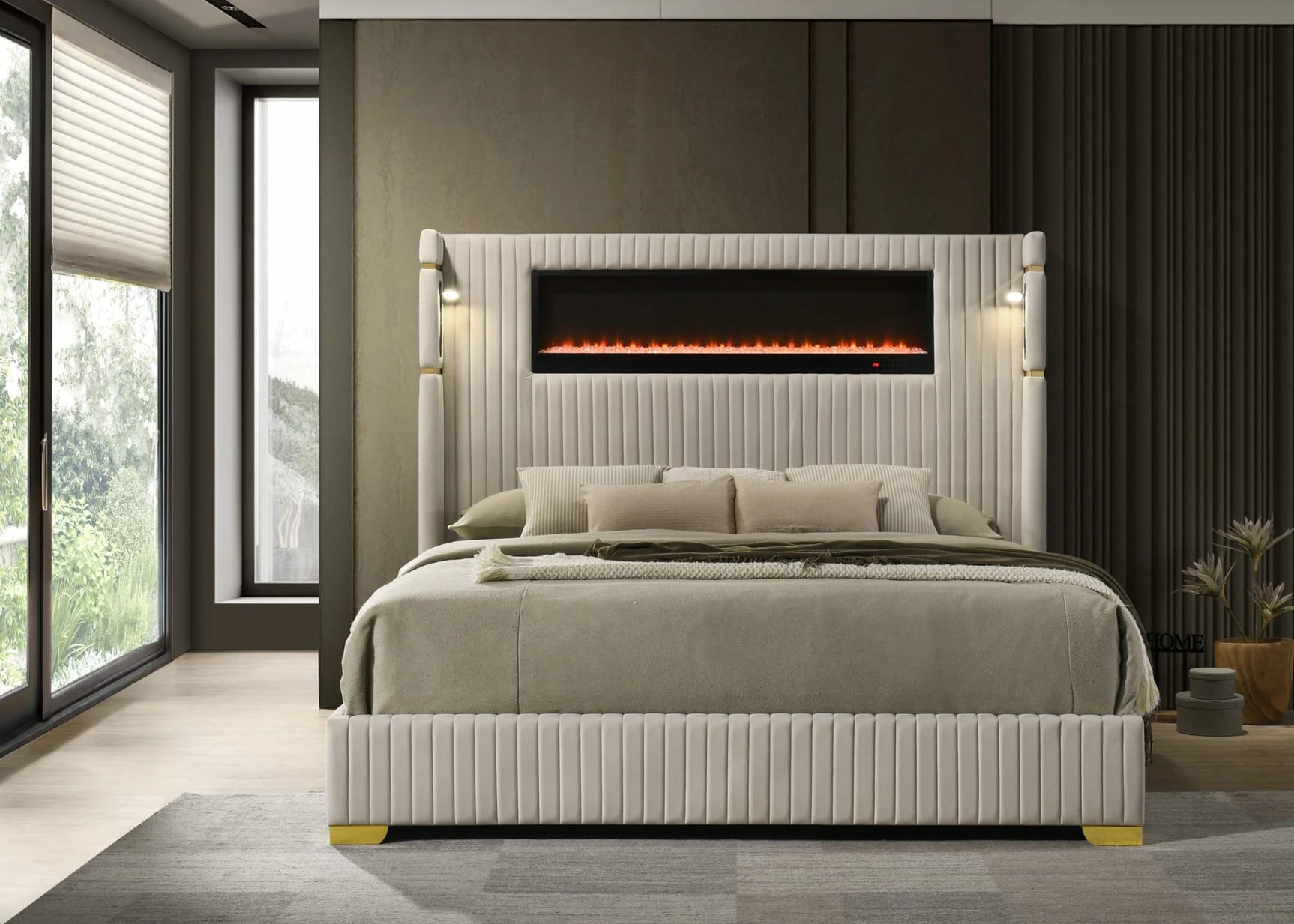 Romance Cream Upholstered LED Platform Queen Bed from Decor Furniture