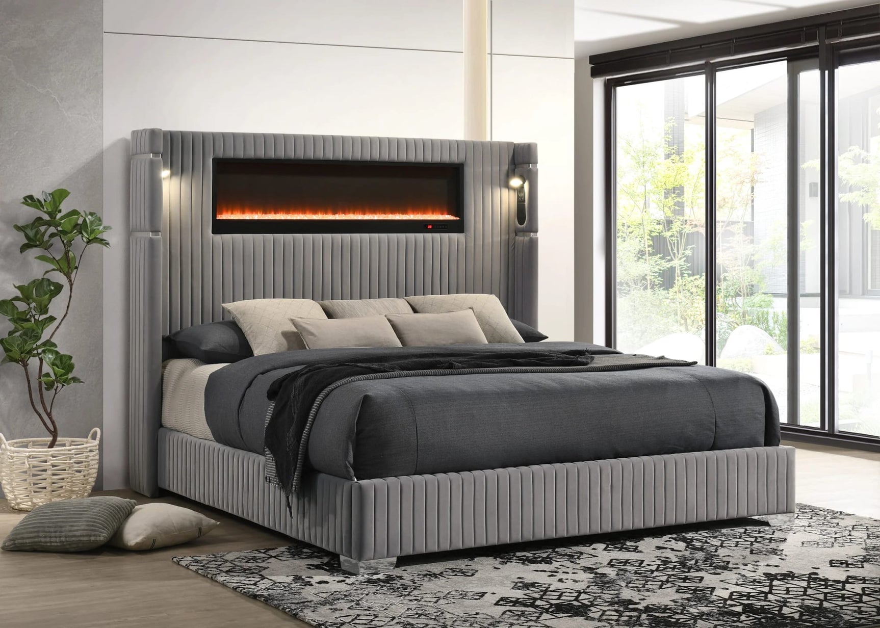 Romance Gray Upholstered LED Platform King Bed view 2