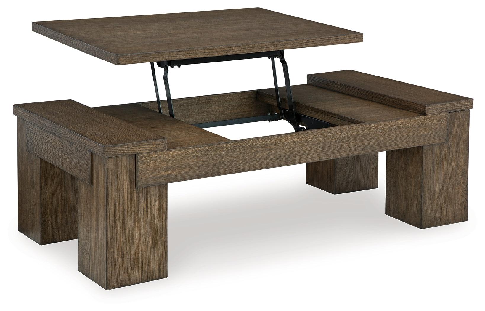 Rosswain Warm Brown Lift-top Coffee Table, side view with lift-top closed