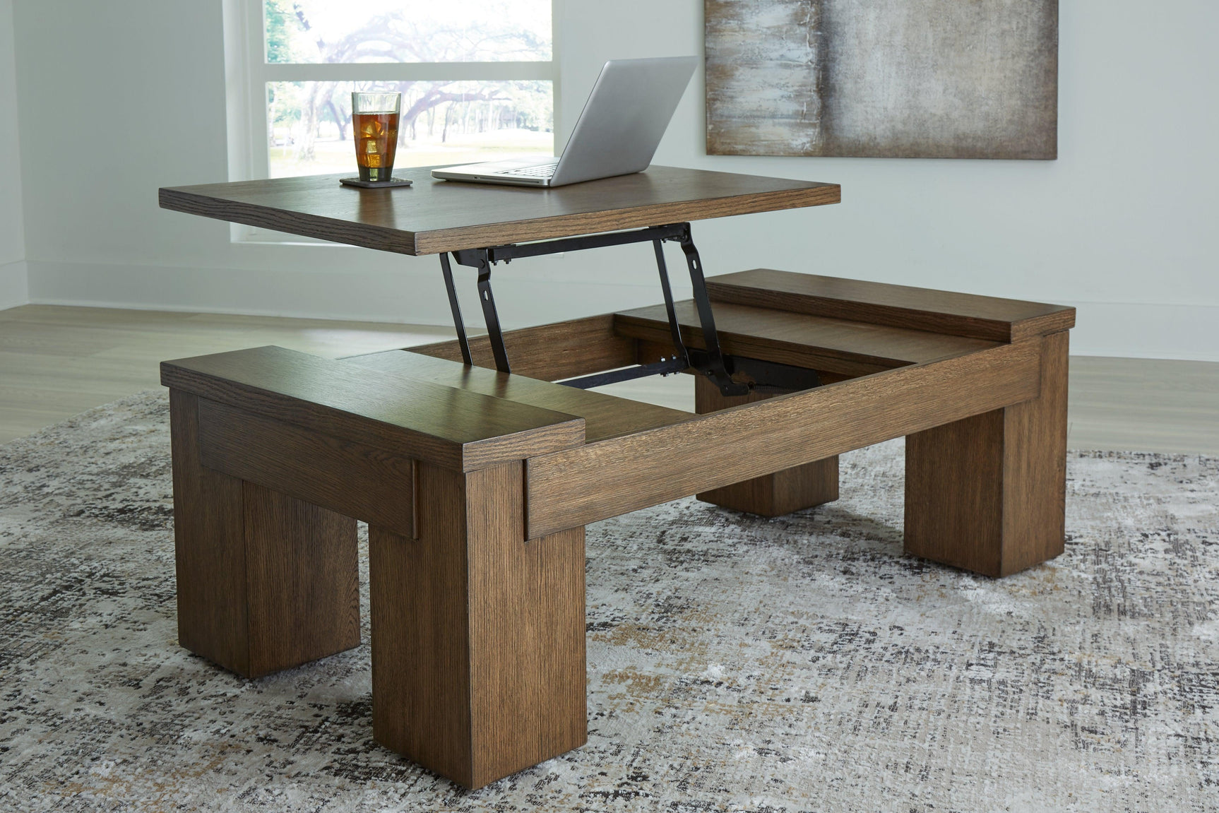 Rosswain Warm Brown Lift-top Coffee Table, lift-top mechanism detail