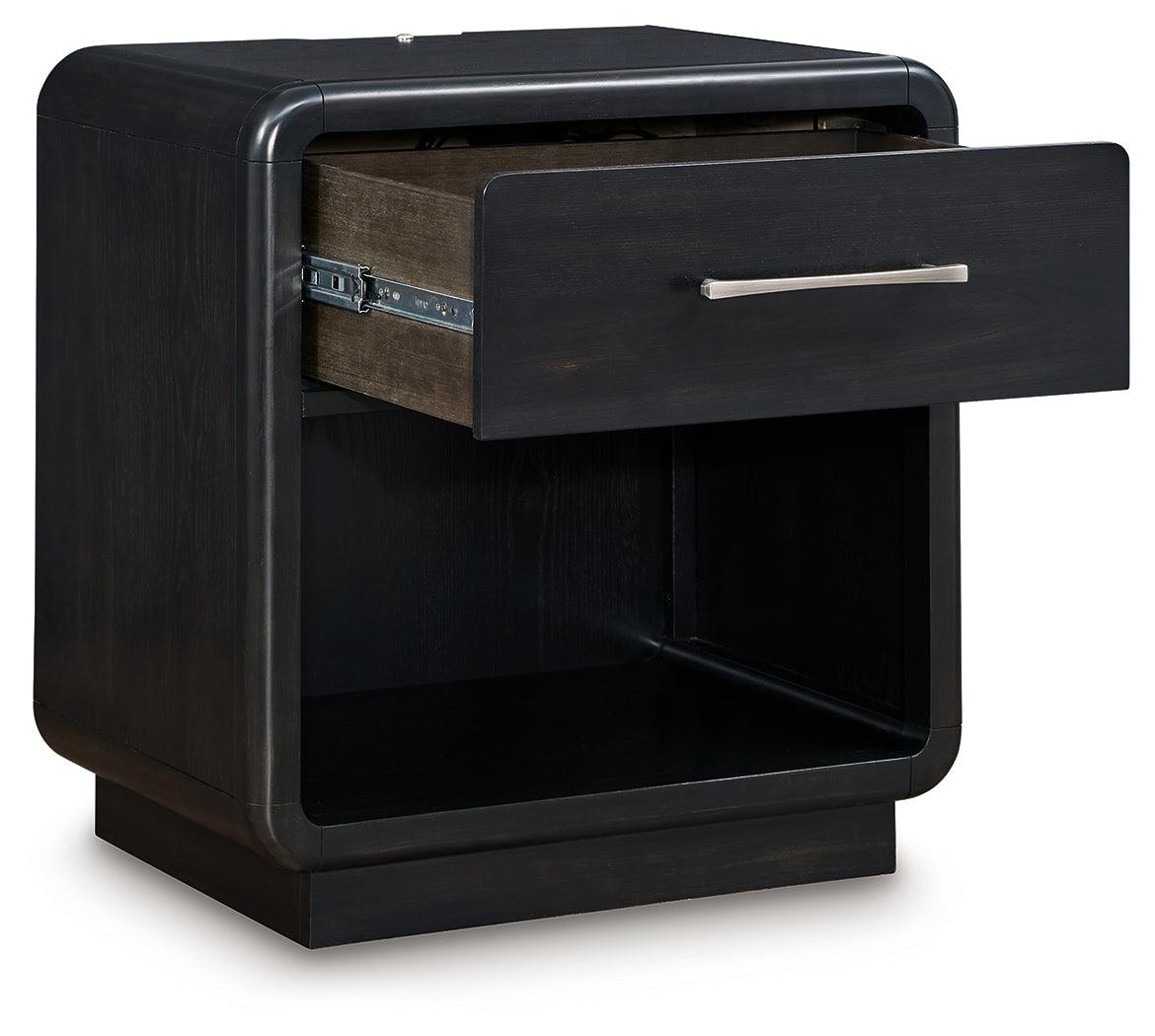 Close-up of brushed nickel-tone drawer pulls on Rowanbeck Nightstand