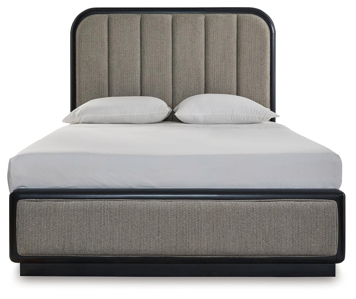 Rowanbeck Gray Black Queen Upholstered Panel Bed footboard detail