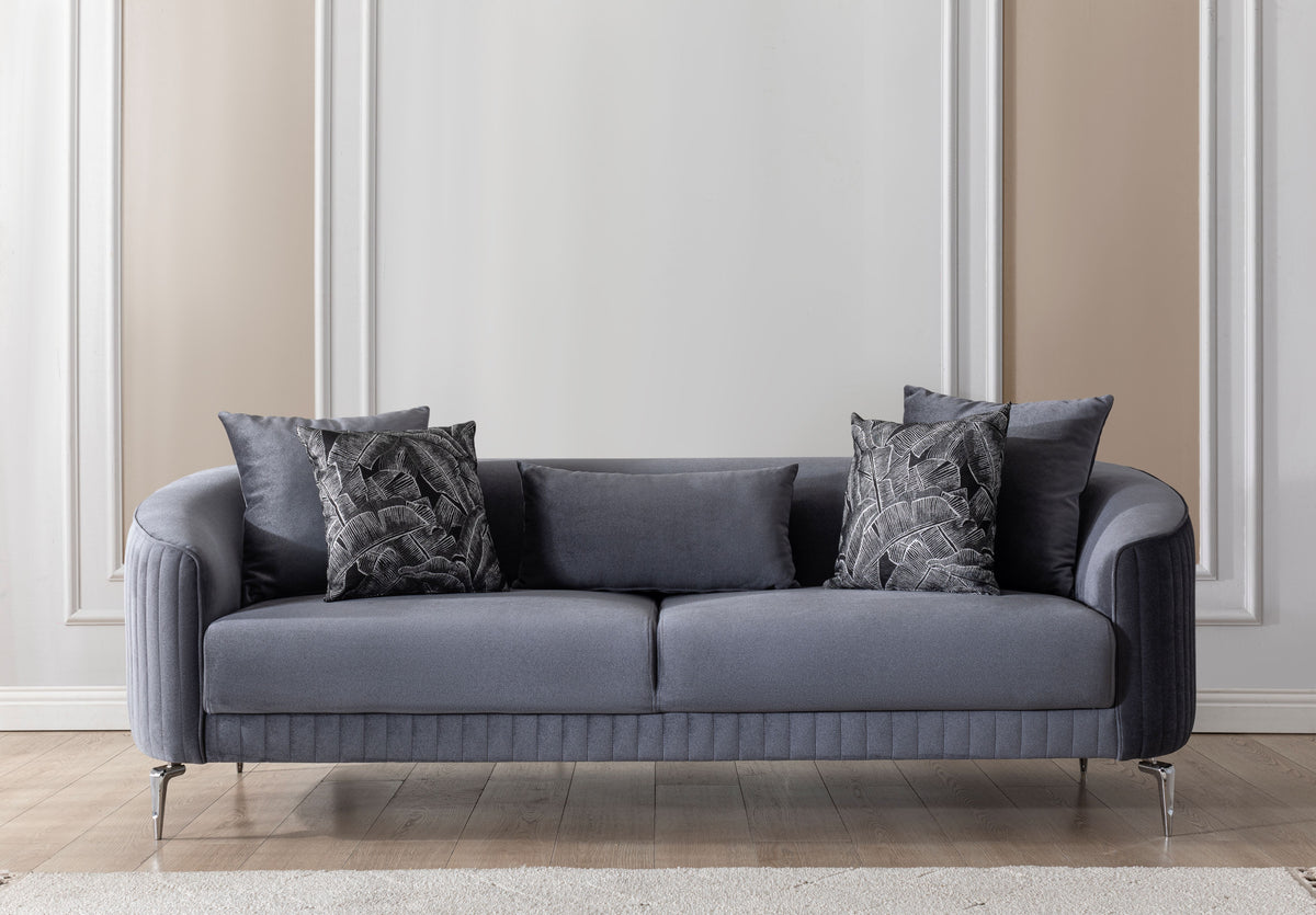 Detail view showing gray velvet upholstery