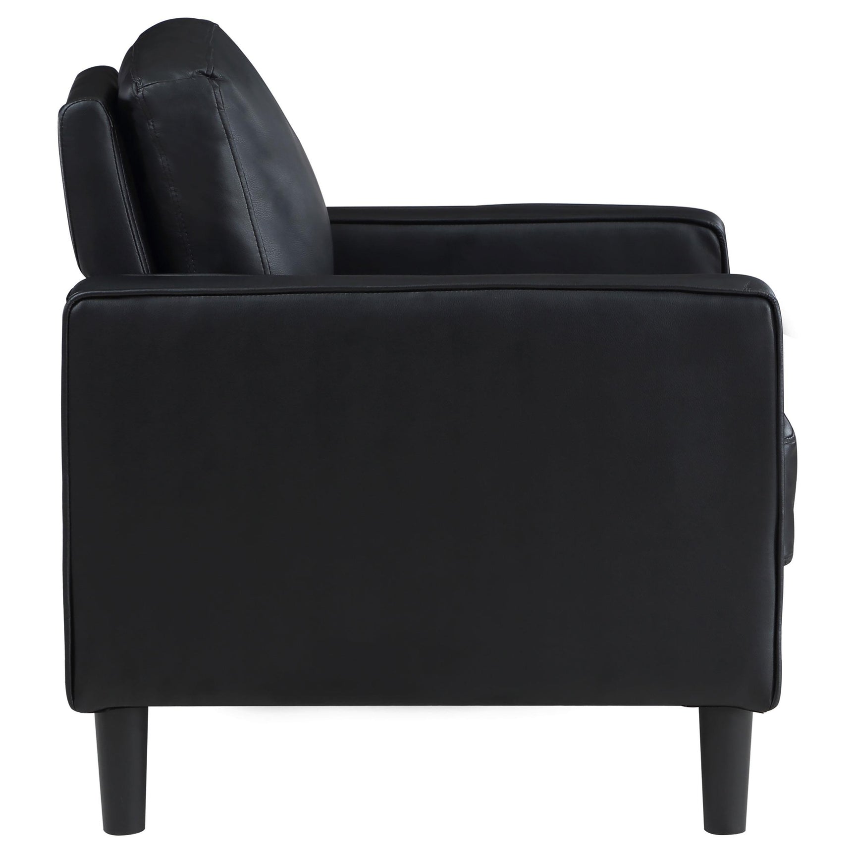Side perspective of loveseat in black faux leather