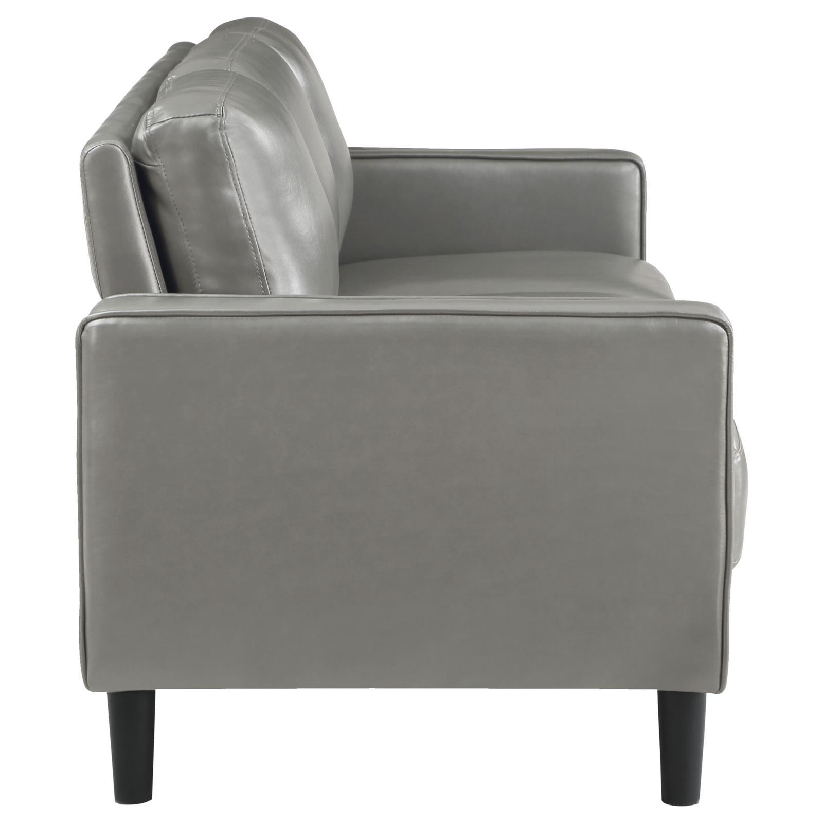 side perspective of Ruth sofa with track arms and seat cushions