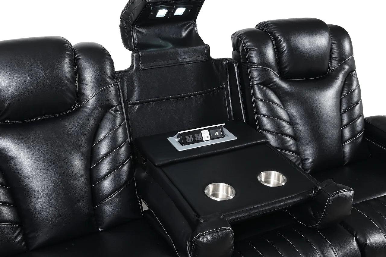 Grey upholstered sofa with power recline