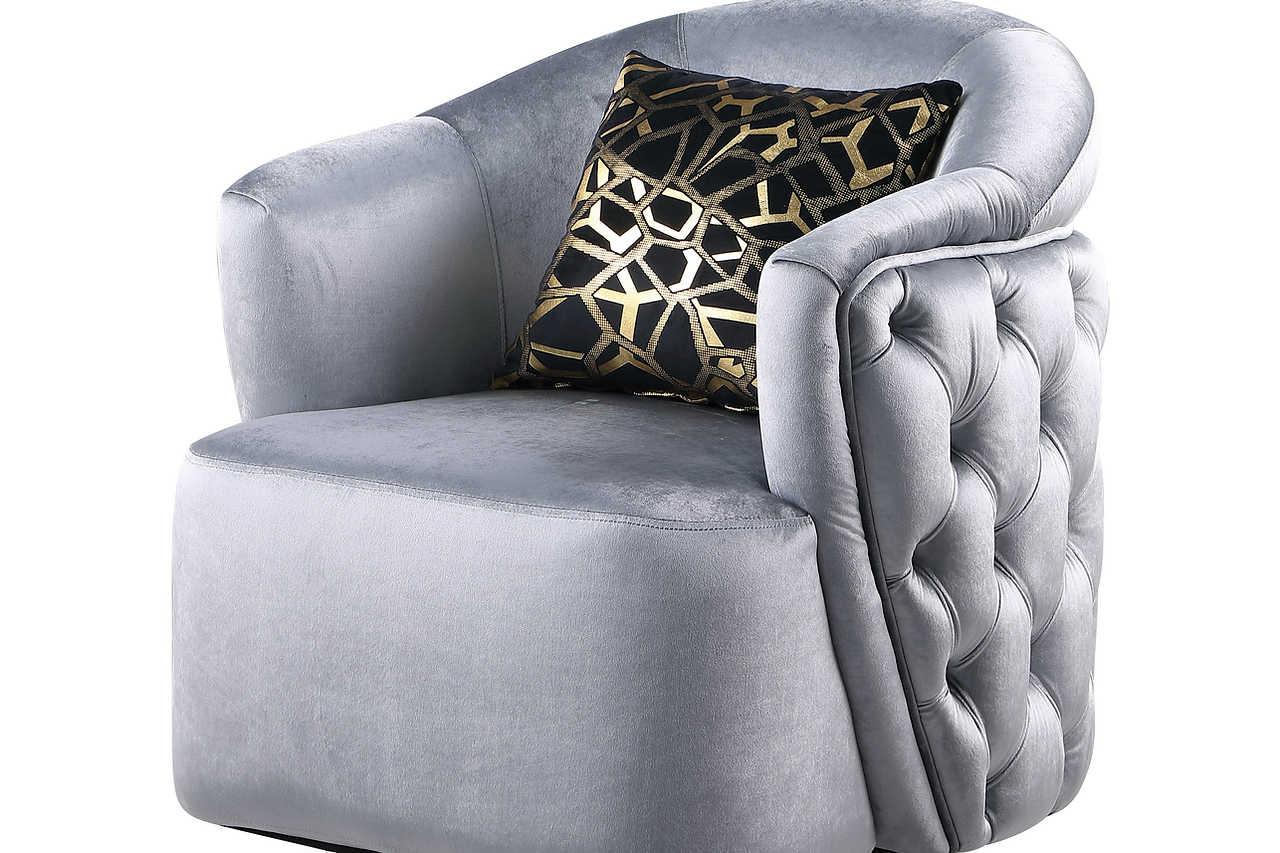 Front view of Mila Grey Chair showing floral arm design
