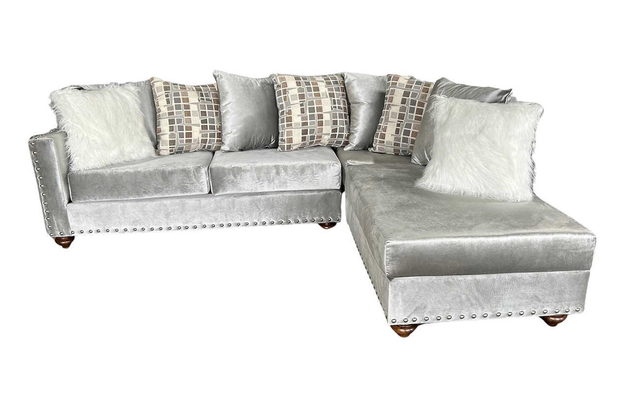 Detail of silver velvet upholstery on Rivero sectional
