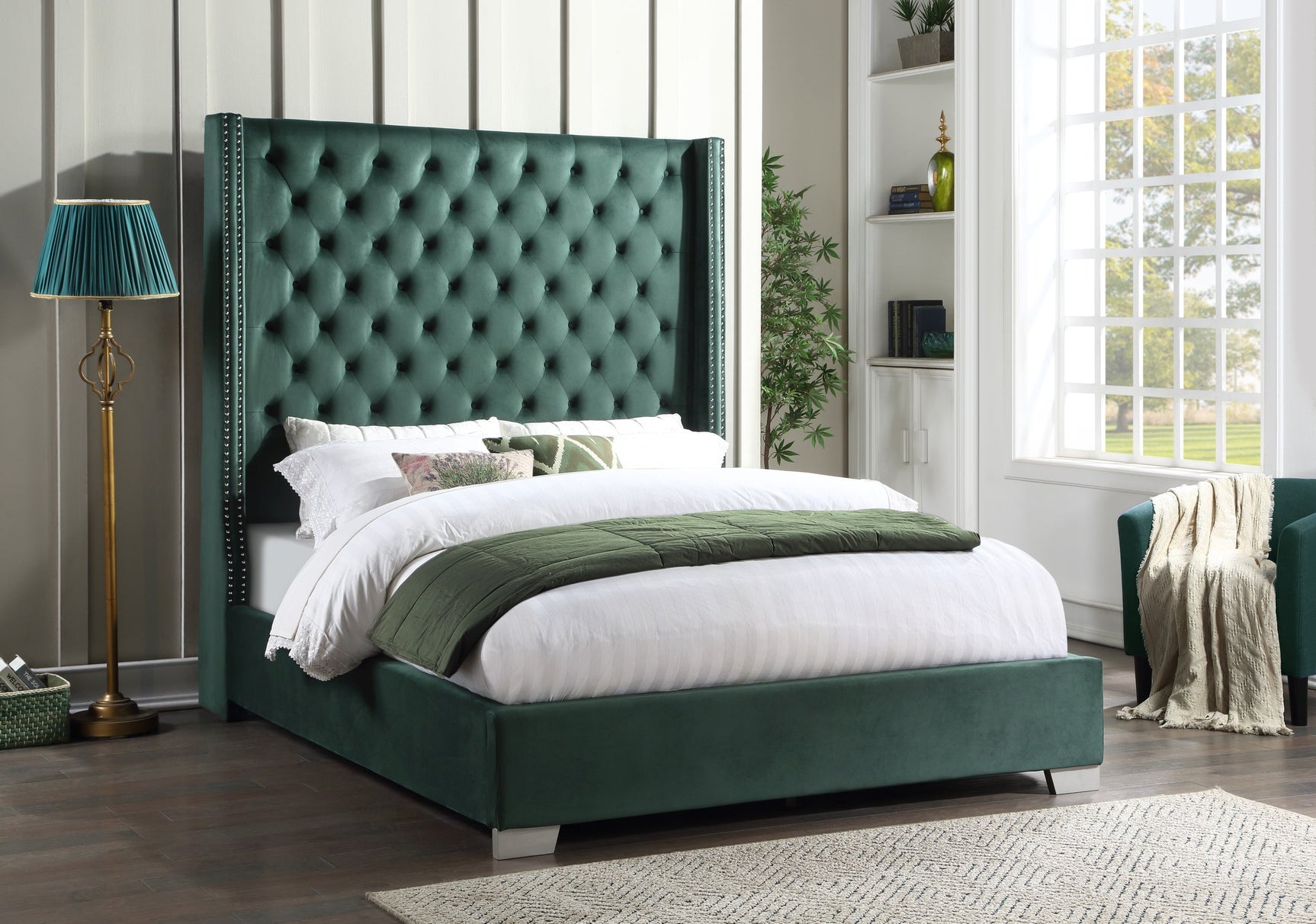 Alopa Green Velvet 6Ft Tall Upholstered Tufted Platform Queen Bed