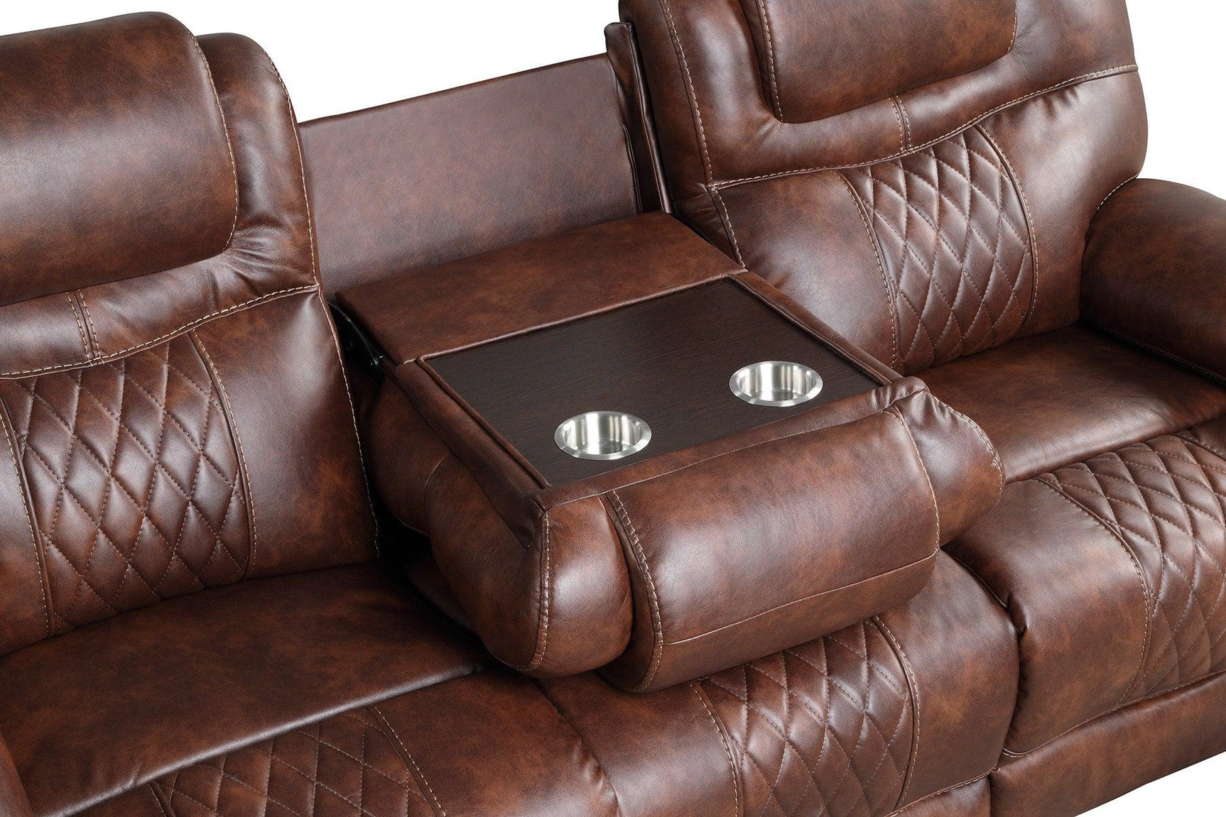 Galveston brown reclining loveseat with console, angled side view