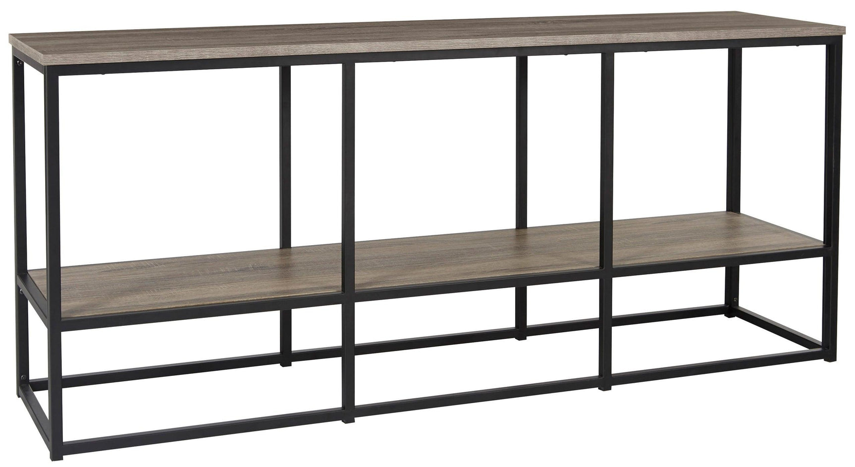 Side view of Wadeworth black and brown TV stand showing adjustable shelves