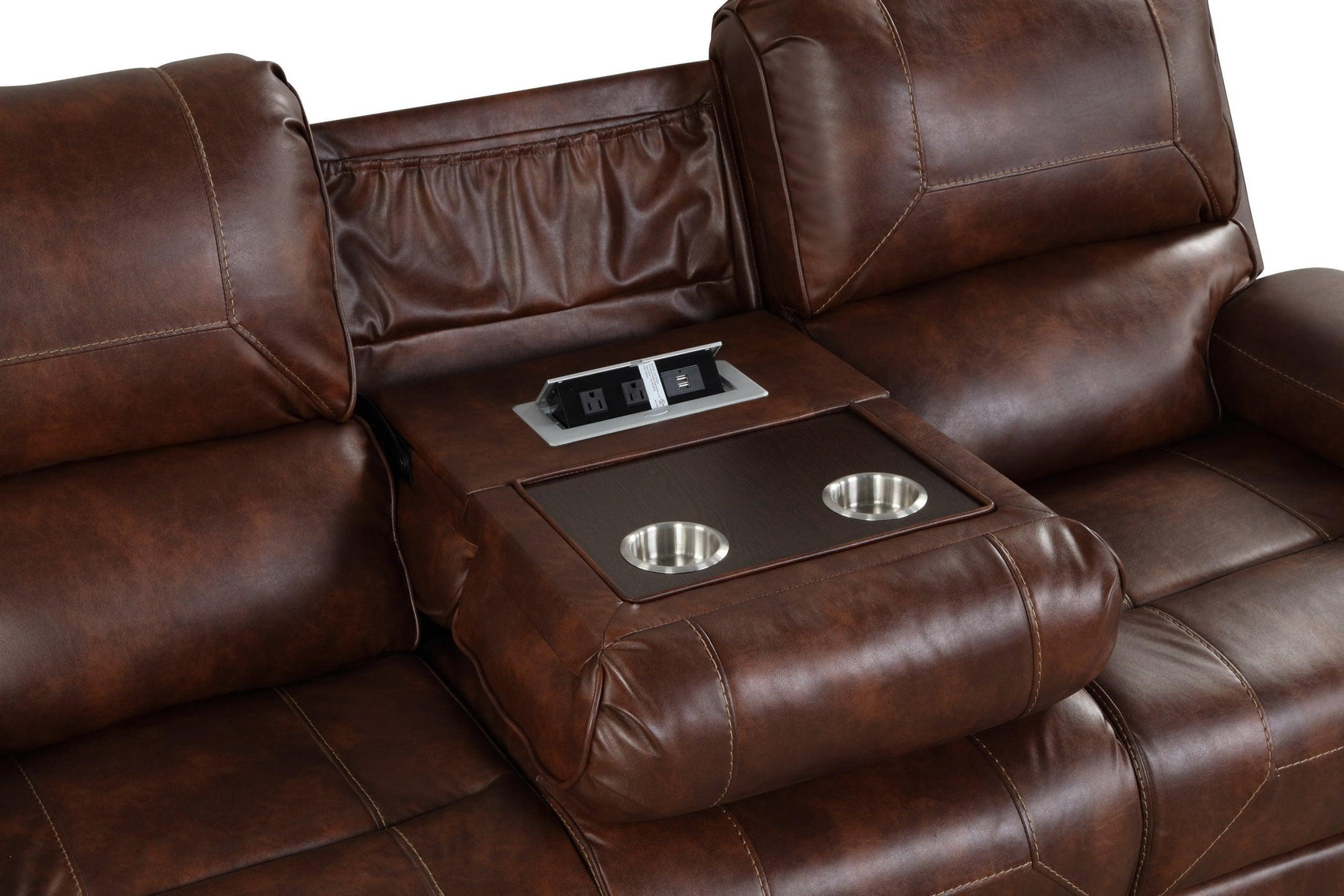 Loveseat with Storage Console and Gliders in Rust Leather Gel