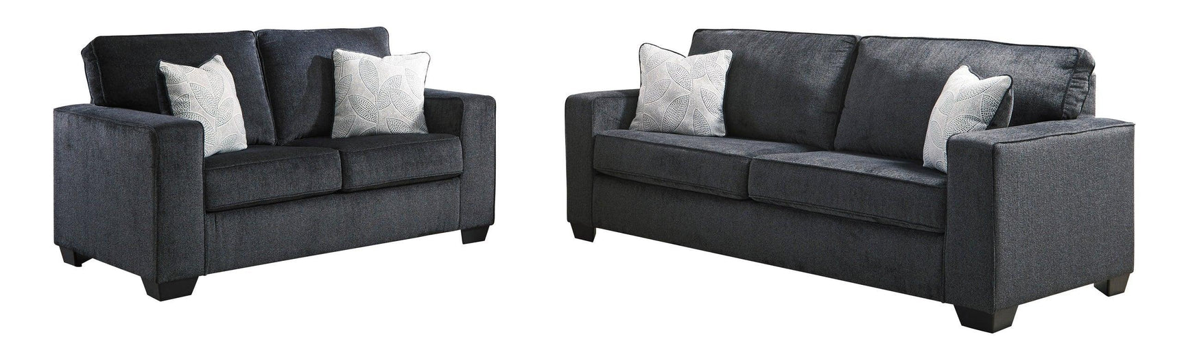 Close-up of Ashley Slate Fabric Upholstered Living Room Set fabric and frame detail