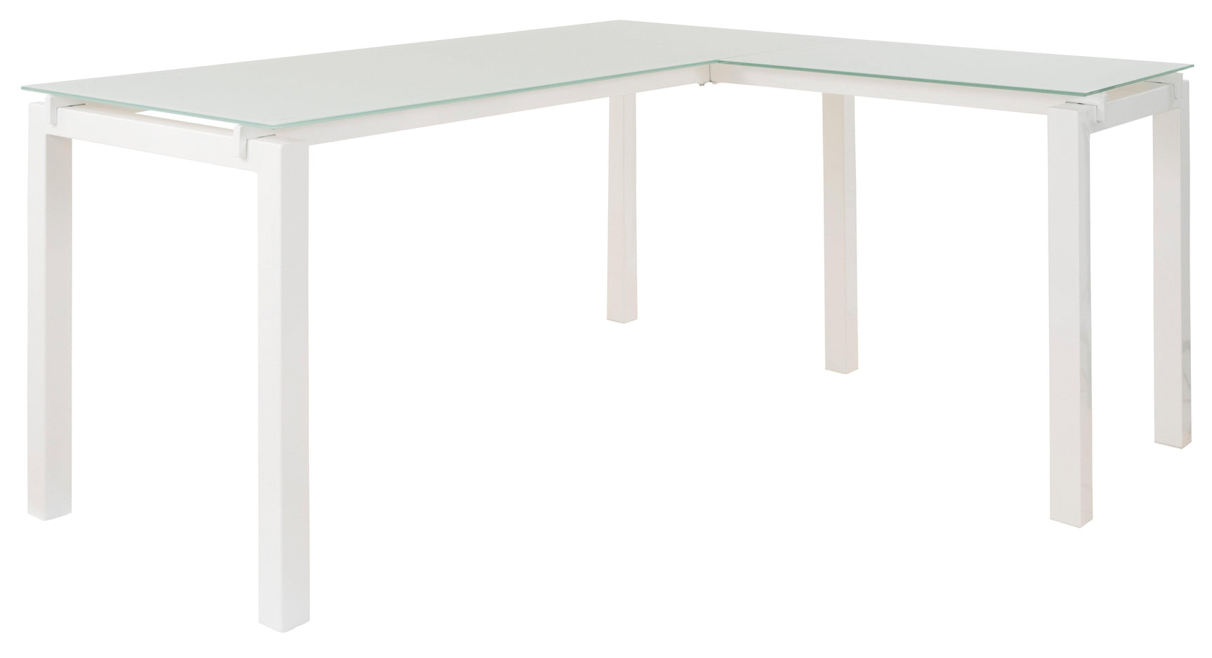 Baraga White Glass L-Shaped Office Desk side view with metal frame