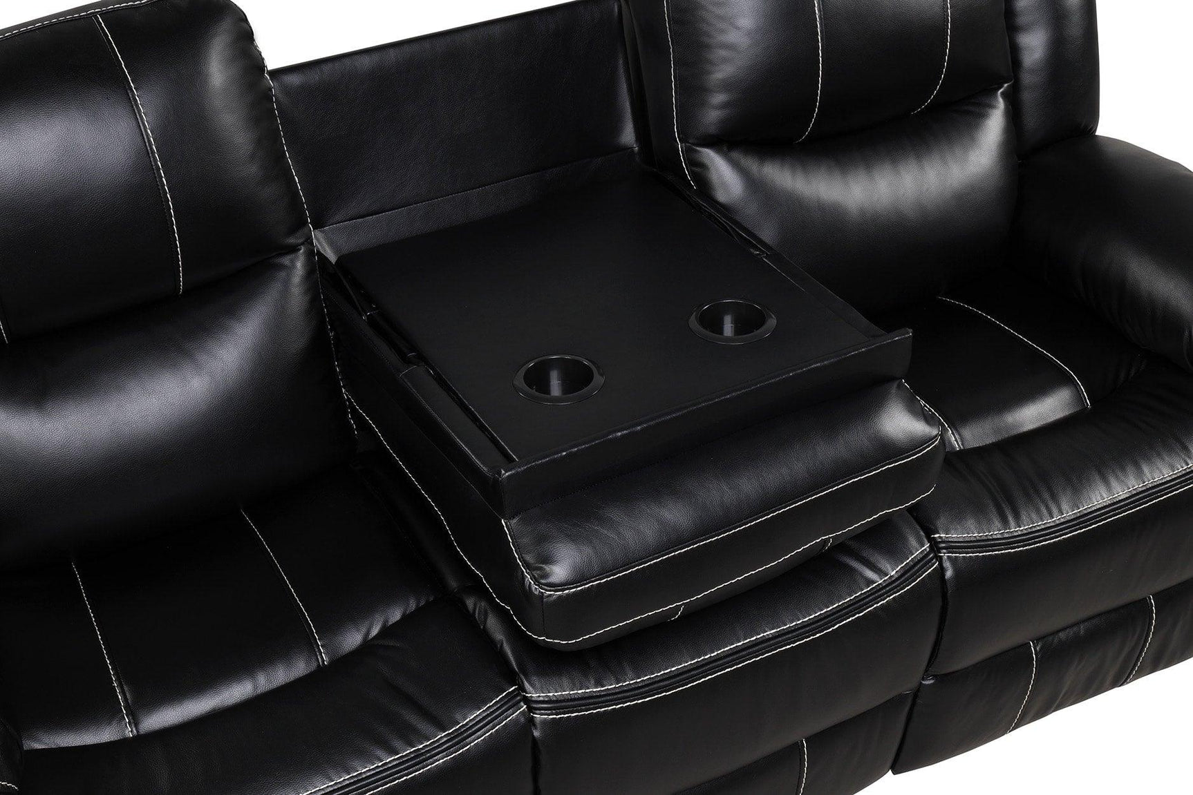 Black leather gel reclining loveseat with console - angled view