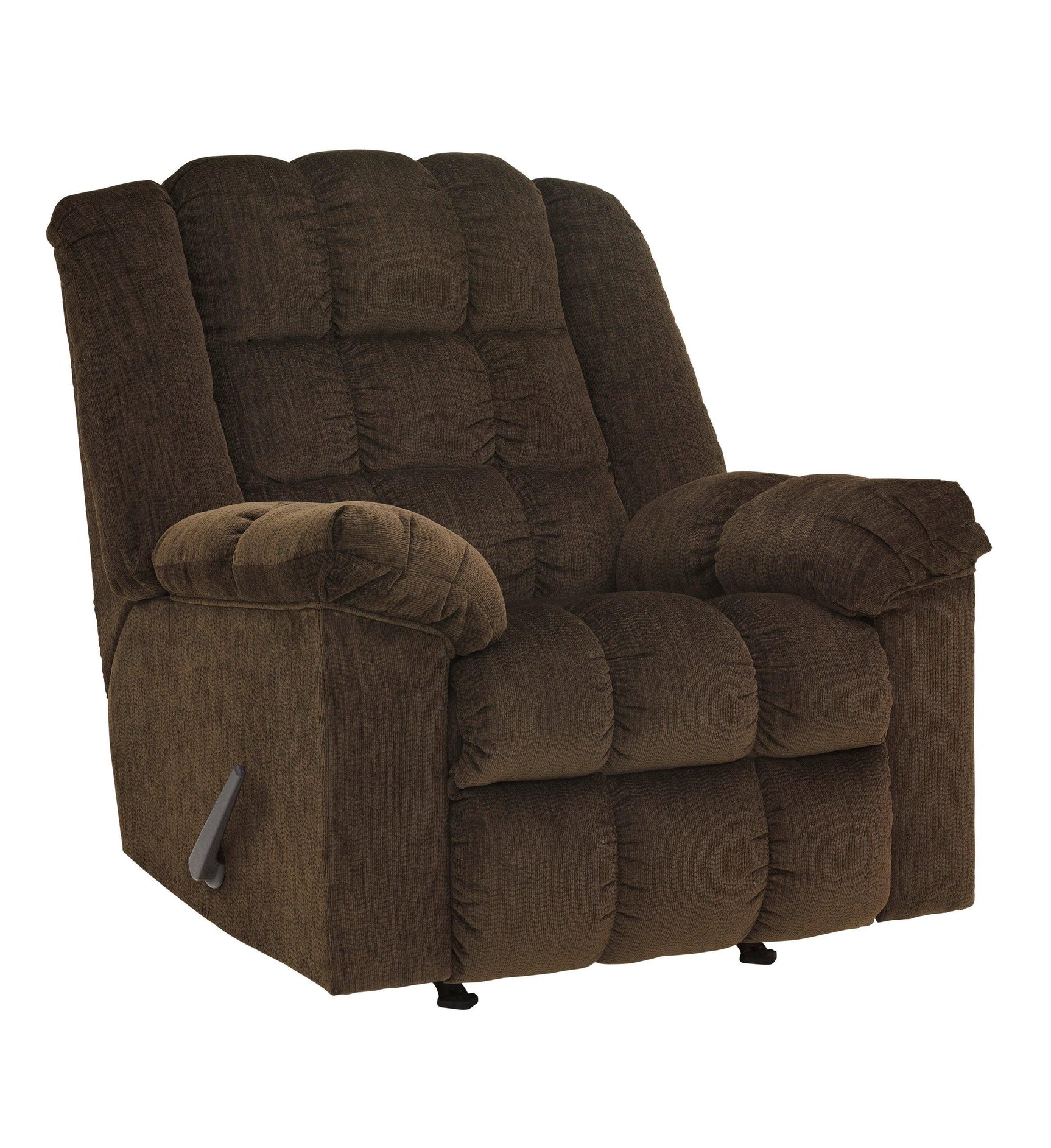 Side view of Cocoa Fabric Rocker Recliner showing upholstery and reclining feature