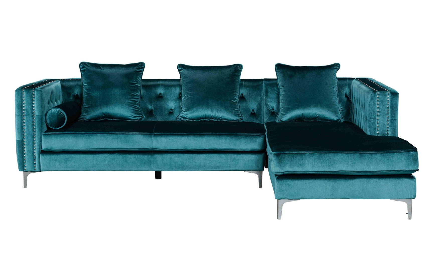 Side view of Ava teal velvet tufted sectional sofa